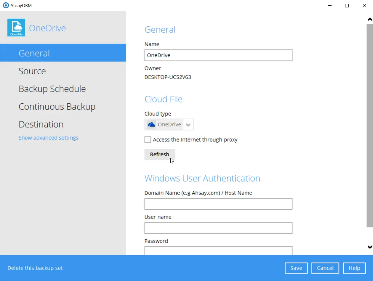 CloudFile Backupset settings - Refresh Button