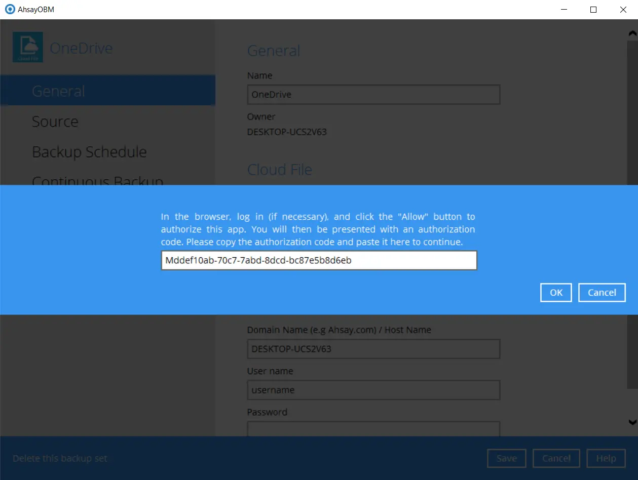 CloudFile Backupset settings - Entre new refresh token