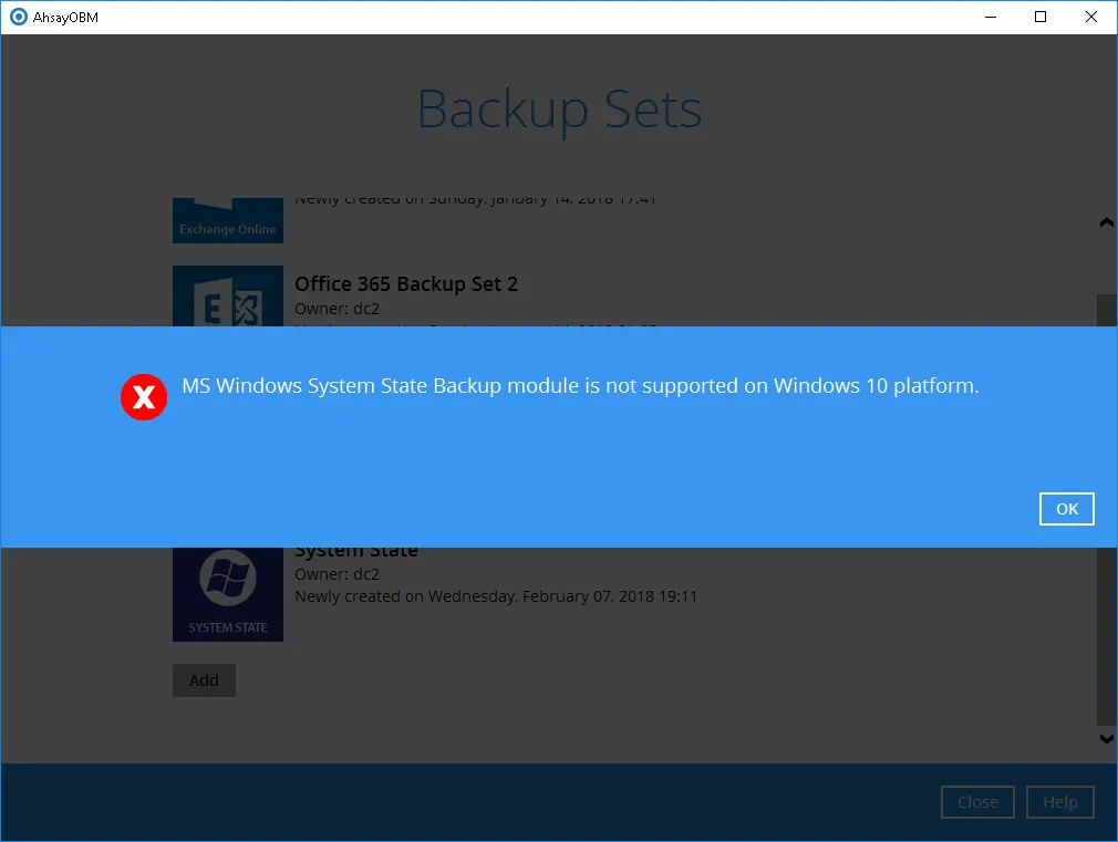 System State module not supported error on AhsayOBM