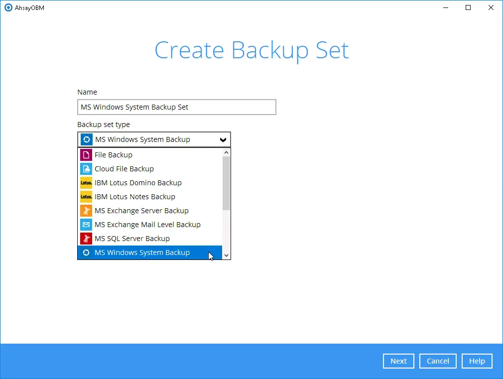 AhsayOBM Backupset Type selection - Windows System Backup