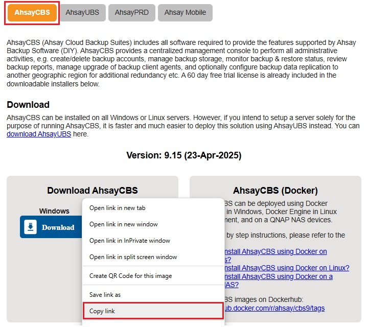 Copy link of AhsayCBS installer
