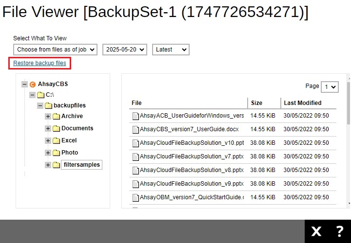 File Viewer Restore Backup Files Link