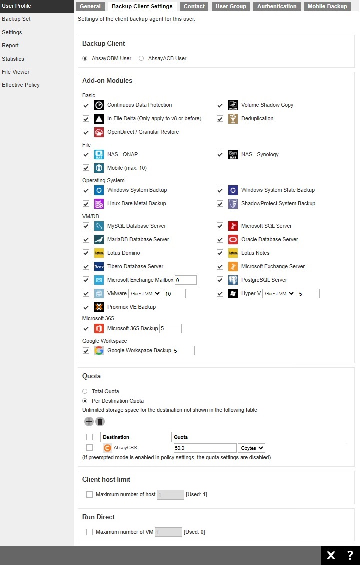 Backup Client Settings