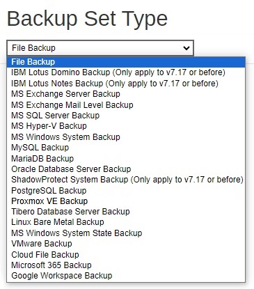 Select Backup Set Type