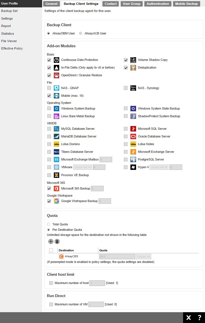 User Profile Backup Client Settings tab