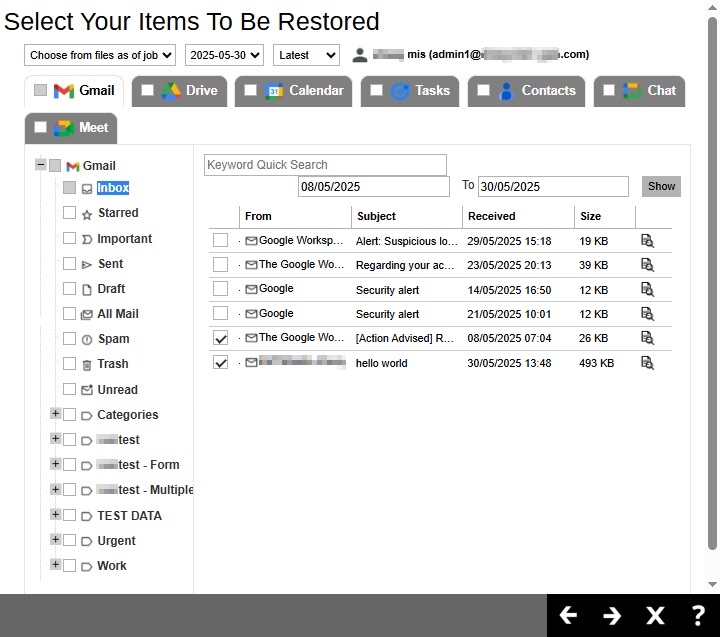 Select Items To Restore