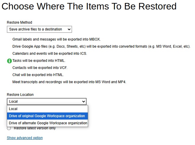 Save archive files to a destination