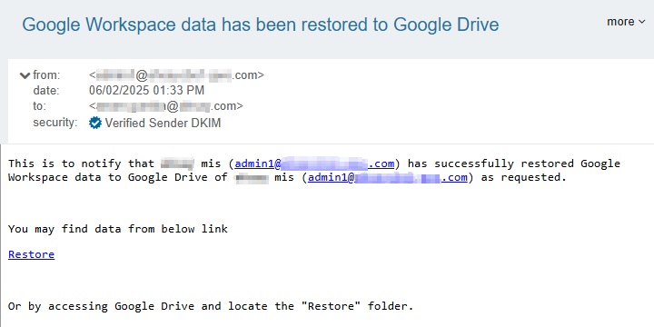 Sample email notification
