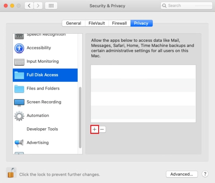 Add Full Disk Access